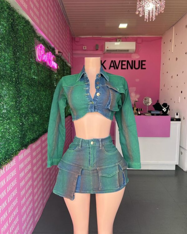 Blue/Green Denim Skirt Set