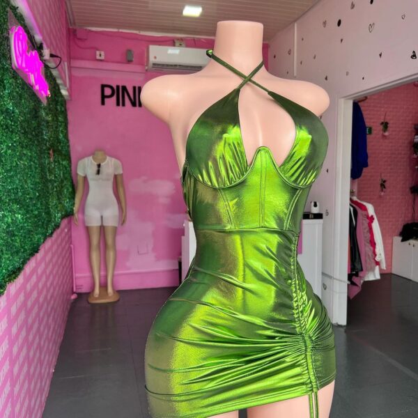 Green Metallic Halter Back Dress - Image 3
