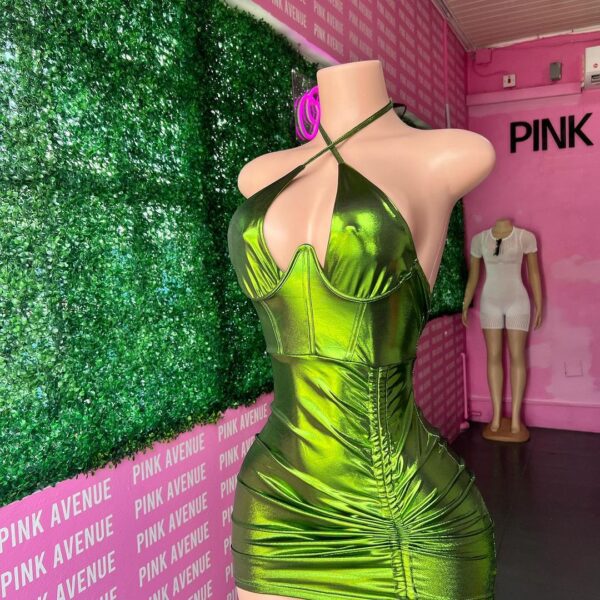 Green Metallic Halter Back Dress - Image 2