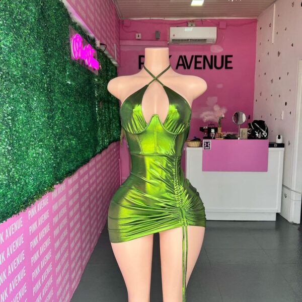 Green Metallic Halter Back Dress - Image 4