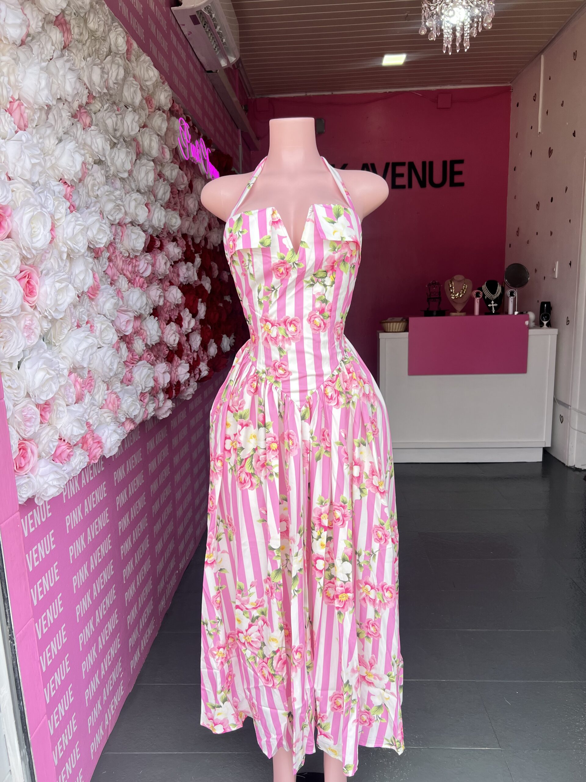Floral Stripe Halter Corset Dress